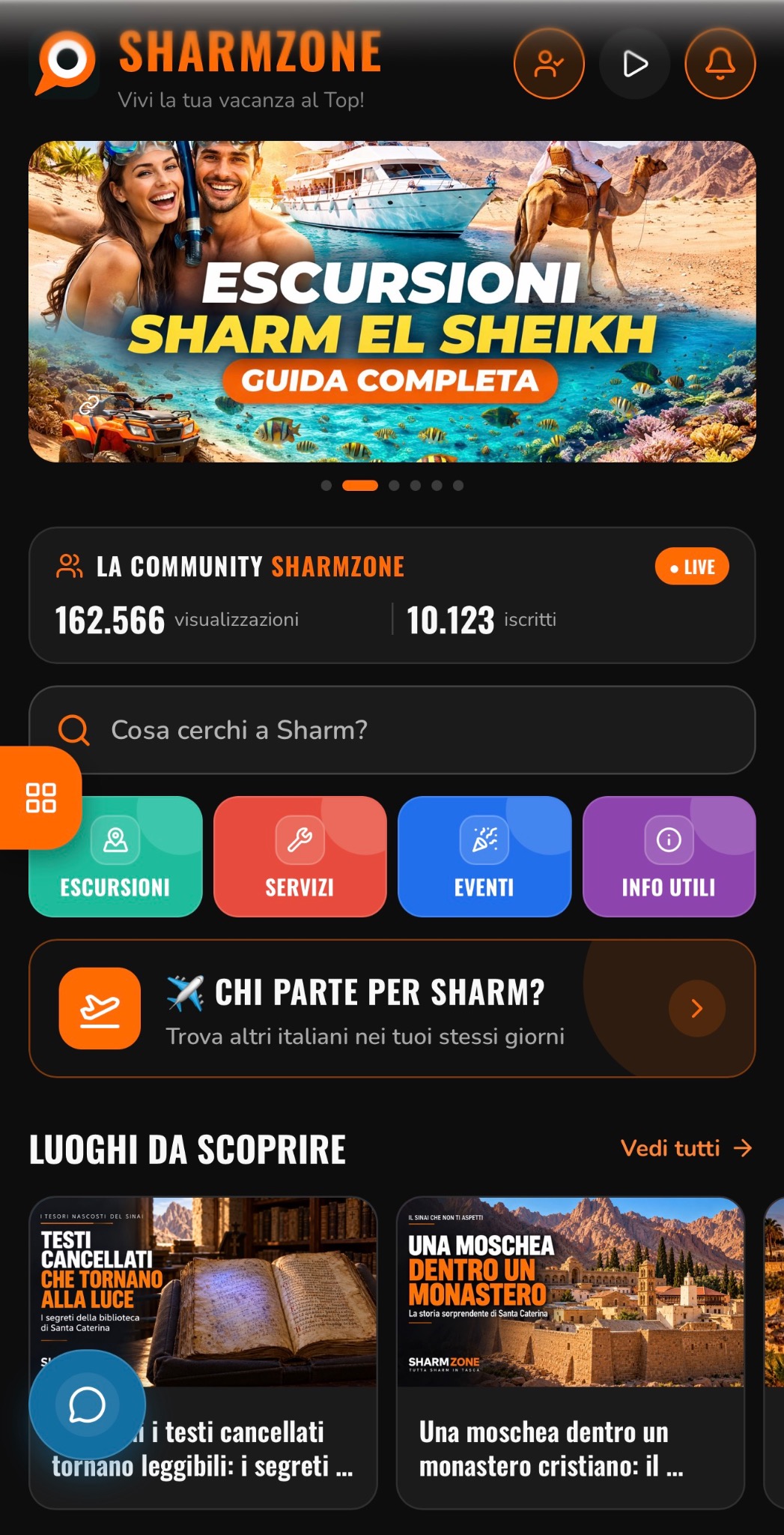 Home dell’app SharmZone: escursioni, community, servizi, eventi e luoghi da scoprire